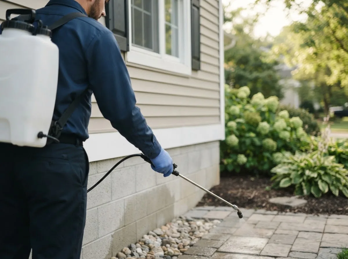 Pest control technician inspecting a home in Toivola, MI